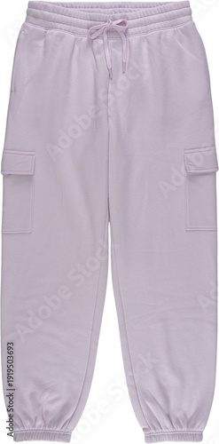 Comfortable and stylish light gray sweatpants with side pockets and elastic waistband isolated on transparent background