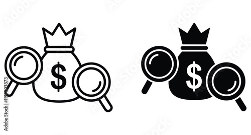 Set of line and solid icons representing money bag search for financial audit