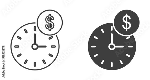 Set of linear and solid icons showing a clock with a dollar coin