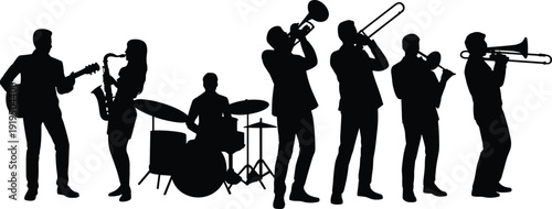 Silhouette jazz band musicians performing with guitar, saxophone, trumpet, trombone, and drums ensemble illustration, live music vector art