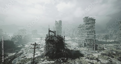 Fotografija foreground ruined frame leading to distant towers and mottled horizon, scattered