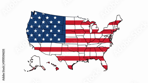 United States map with American flag colors, stars, and stripes design, North America United States map showing continental borders, Alaska, and Hawaii outlines,