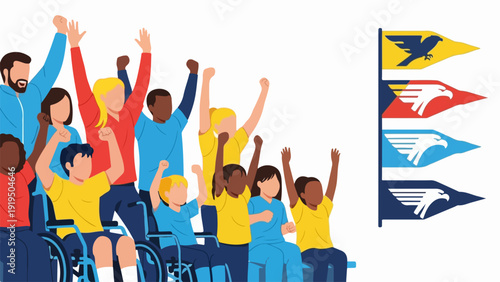 Diverse crowd of people cheers, hands raised high in celebration. Diverse crowd includes adults, children, individuals in wheelchairs, showing unity with team pennant flags.