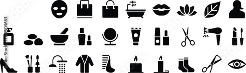 Beauty and Spa Icons Set, Salon Cosmetic Makeup Wellness Symbols Collection Isolated Black Silhouettes on White Background Vector