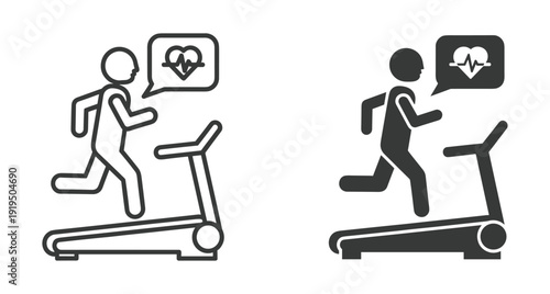 Person exercising on a treadmill machine with heart beat symbol in a bubble