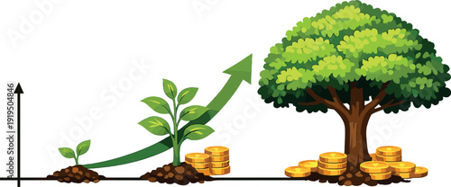 A hyper‑realistic ROI graph that transforms from a small plant into a large tree, symbolizing long‑term investment growth