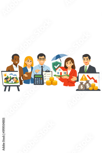 Entrepreneurs, business owners, accountants, and real estate agents present village projects, budget calculations, insurance for home purchases, and financial risks to customers and investors