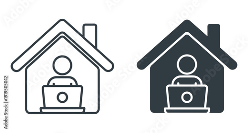 Vector illustration of remote work icons featuring a person using a laptop inside a house