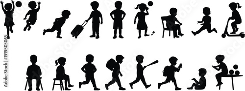 Children silhouettes collection, kids playing, studying, walking and sitting isolated on white background vector illustration set
