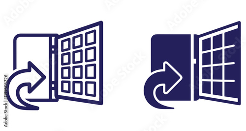 Set of two blue vector icons representing access entry and exit through open doors
