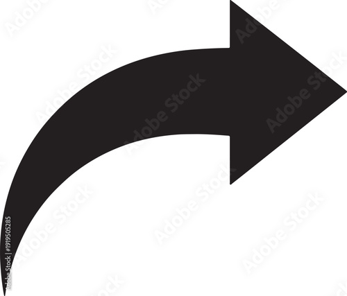 Black curved arrow pointing right on a white background also transparent background