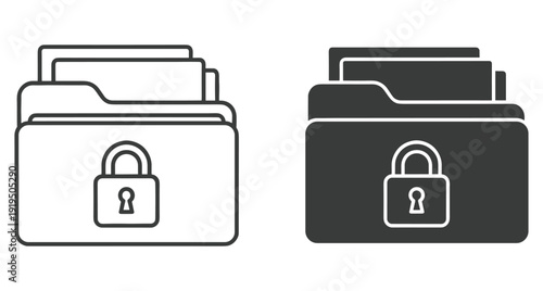 Digital document folder icons with security lock symbol for safe information privacy management