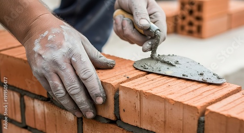 Skilled mason laying bricks meticulously with mortar and trowel close-up