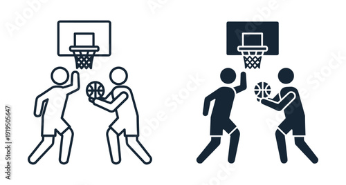 Two basketball players competing near hoop with a ball in flat icon style