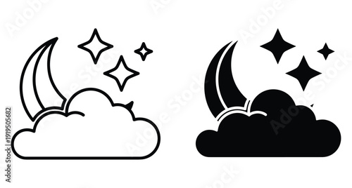 Minimalist black and white icons of crescent moon behind a cloud with stars