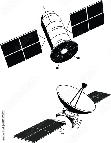 Satellite set with communication antenna and solar panels black vector space technology illustration isolated design