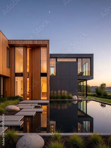 Stunning contemporary home showcases reflection pool at sunset twilight hour