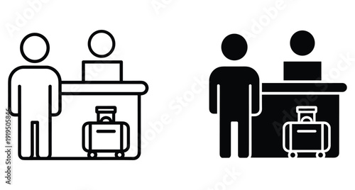 Passenger standing at reception desk with luggage for check in at airport or hotel