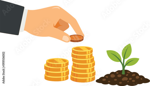 Adding a penny to a pile of coins beside a soil-grown plant – a concept for business growth and investment