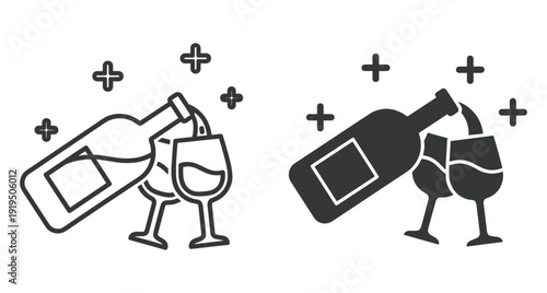 Vector illustration of wine bottle pouring liquid into two glasses for celebration event