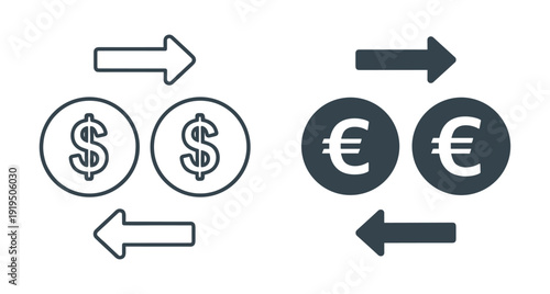 Set of financial icons representing money transfer and currency exchange between dollar euro