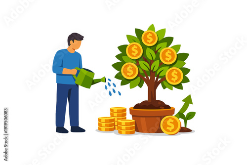 A man waters a money tree, symbolizing investment growth, while holding a can of coins to nurture the plant, illustrating economic success and wealth development