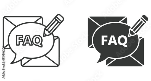 Frequently asked questions icon set featuring speech bubble mail envelope and pencil symbols