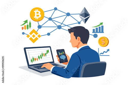 A businessman uses a computer to engage with cryptocurrency networks, investing through an app that trades s and digital currencies