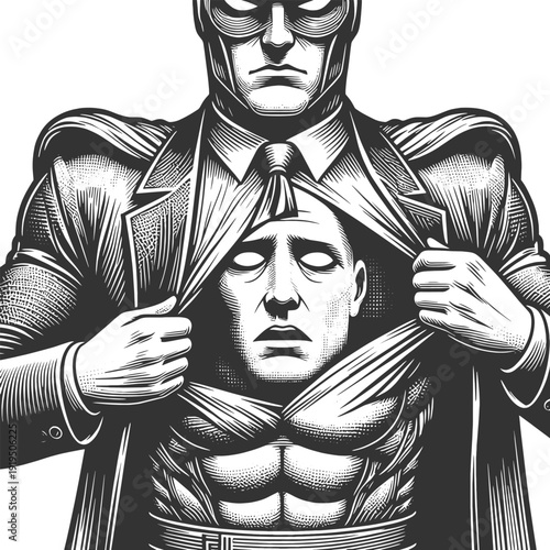 man pulling open his shirt to reveal a sinister inner self, dual personality concept sketch engraving generative ai fictional character vector illustration. Scratch board imitation. Black and white.