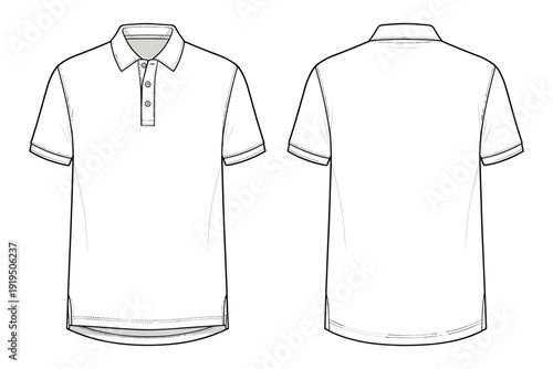 Technical sketch of a white short-sleeved polo shirt front and back views with stitching details t-shirt