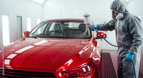 Professional auto body shop technician painting red car in modern spray booth