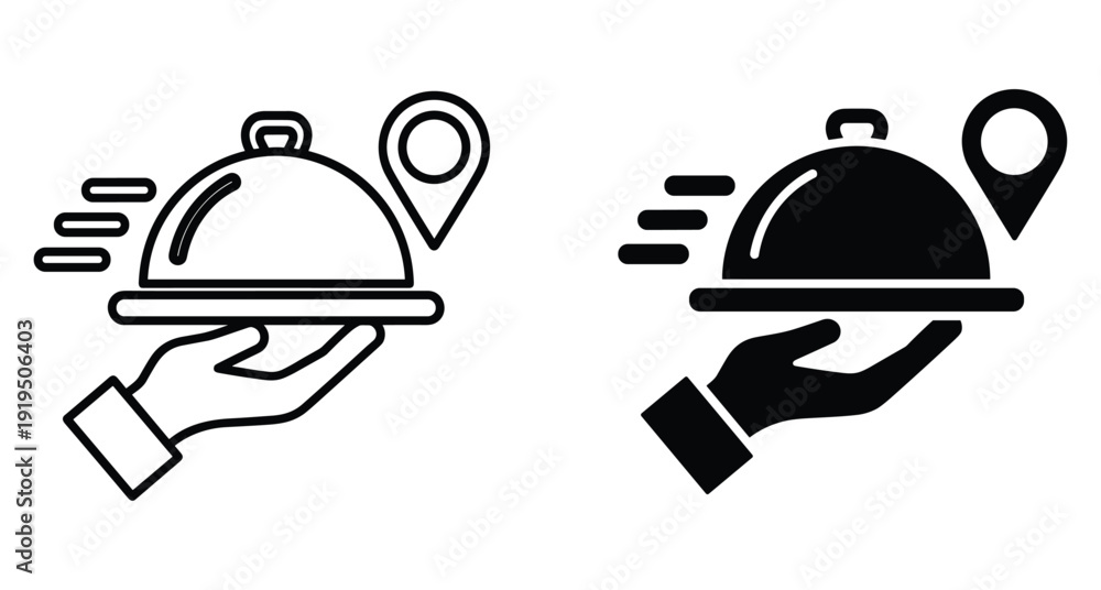 Fototapeta premium Black and white icons representing fast food delivery tracking with cloche and hand