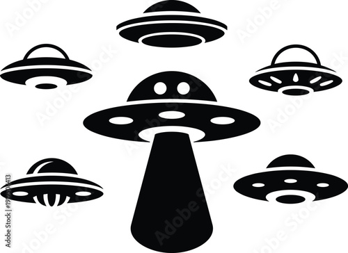 UFO flying saucer collection with alien spaceship silhouettes black vector illustration isolated design set