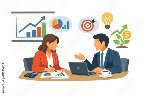 Business partners engage in a strategic financial dialogue, reviewing investment data and charting future growth within a corporate setting