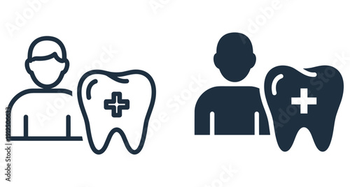 Minimalist dental health icons showing patient silhouette next to a medical tooth symbol