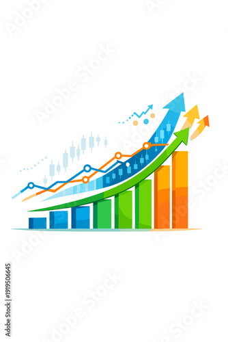A dynamic financial data graphic showcases rising investment trends, with a digital chart depicting a booming  market and abstract visuals of expanding bars and lines