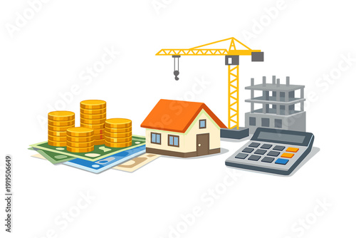 Real estate or property development; a concept for investing in construction; the rate of home mortgage loans; a stack of coins on international banknotes accompanied by a calculator, a house, and