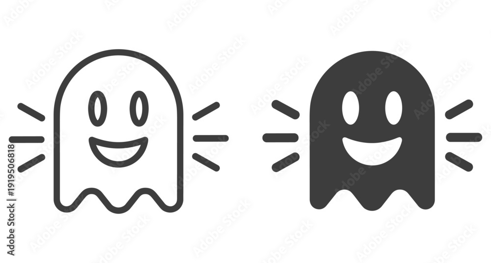 Fototapeta premium Cute cartoon ghost characters with happy expressions and shining rays in two different styles