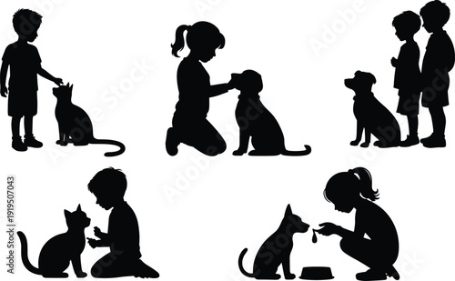 Silhouettes of children with pets, cats and dogs, affectionate care, companionship, empathy, lifestyle illustration, family bond, responsibility, interaction, friendship
