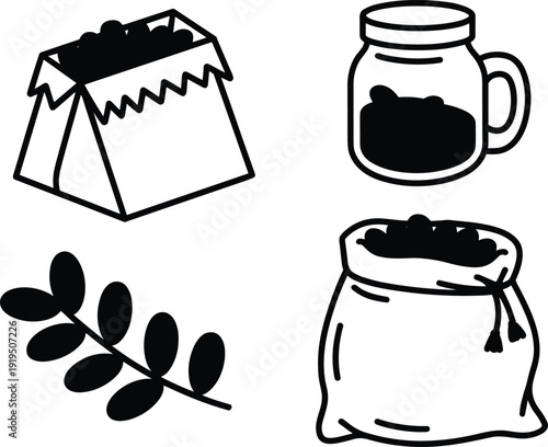 Coffee beans set with sack jar branch and paper bag black vector illustration