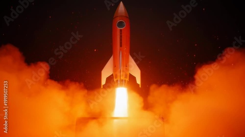 Slow zoom of a digital rocket launching from a laptop screen, symbolizing startup success.