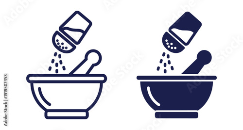 Kitchen tool icons featuring a mortar pestle and salt shaker for food seasoning