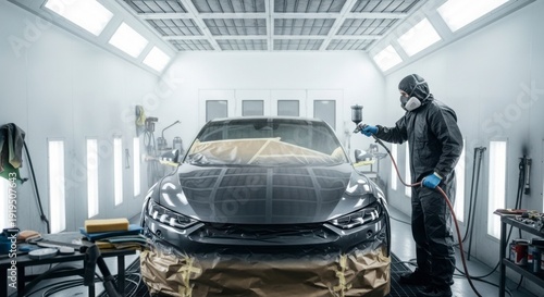 Professional auto body repair technician painting car in modern spray booth