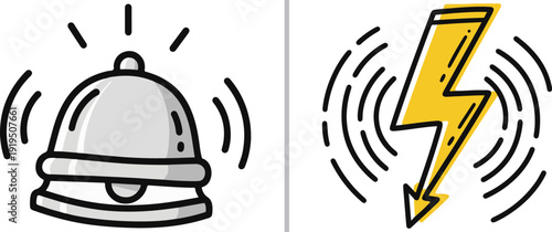 Hand-drawn vector featuring a ringing silver service bell alongside a yellow lightning bolt with vibration lines. It illustrates concepts of rapid notification, electrical alerts, and urgent calls.