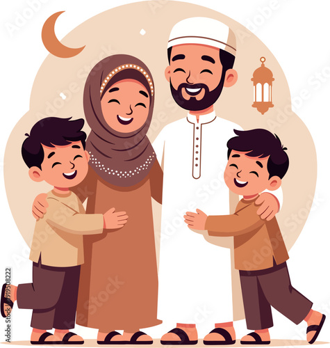 Islamic Family Together on Eid Day Happy Muslim Parents with Kids, Eid Celebration Vector