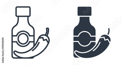 Set of minimalist hot sauce bottle and spicy chili pepper icons for food design