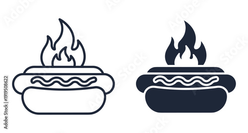 Two versions of a spicy hot dog icon featuring fire flames and mustard topping