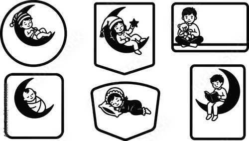 Flat design moon nursery icon set with children sleeping reading and holding teddy in rounded badge and rectangle frames silhouette