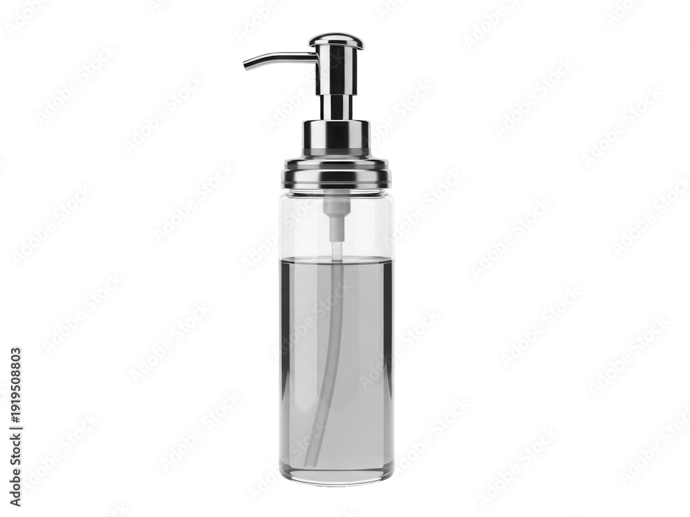 Fototapeta premium Clear liquid soap dispenser with a sleek design and a silver pump