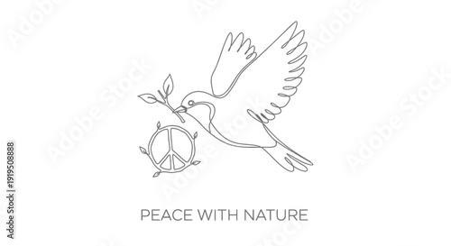 Peace symbol with dove holding olive branch vector icon, representing harmony with nature.
